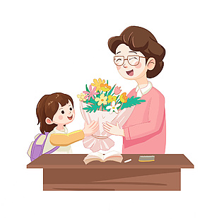 教師節(jié)創(chuàng)意卡通學(xué)生獻(xiàn)花主題插畫(huà)