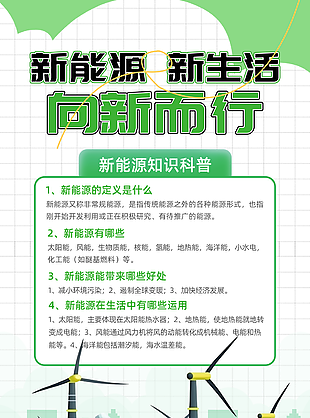綠色格子風新能源新生活風車宣傳海報