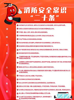 卡通风红色消防安全常识二十条安全展板
