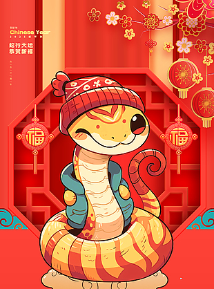 蛇年行大運恭賀新禧紅色卡通海報