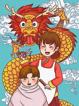 手繪龍抬頭習俗主題卡通插畫