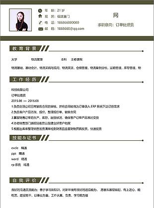 柳美珠訂單處理員求職簡歷范文表格