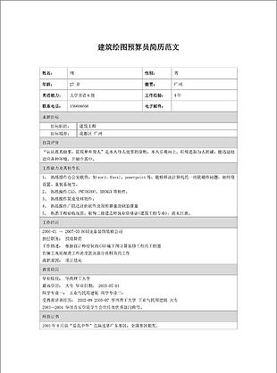 建筑绘图预算员个人简历模板