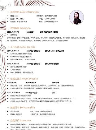 時尚簡約嵌入式軟件開發簡歷范本
