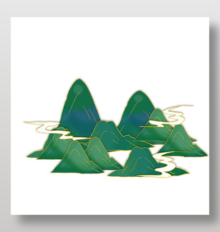 綠色國風描金邊山川插畫