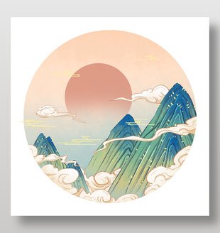 唯美中國風落日風景工筆畫