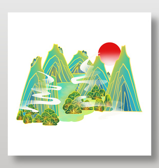 中式手繪日落山川風景插畫