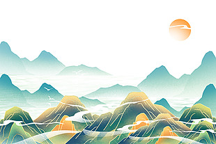 古風國潮元素青綠山水風景插畫