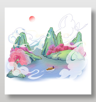 古風山水美景插畫