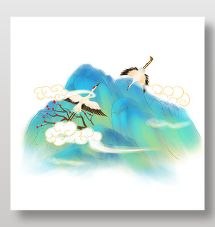 国潮山水仙鹤祥云元素插画设计