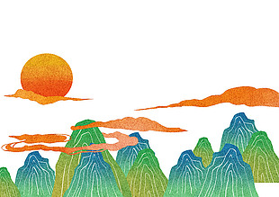 水墨风日出山峦美景图