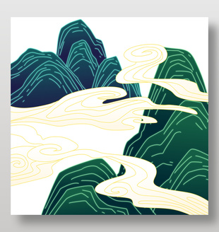 手绘风山峦云海插画设计