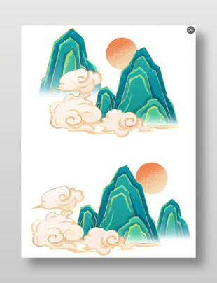 国潮风日出祥云山川元素插画
