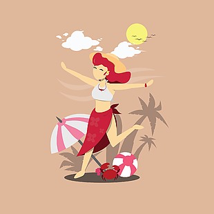 女孩海邊度假場景插畫