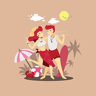 情侶海灘度假場(chǎng)景插畫