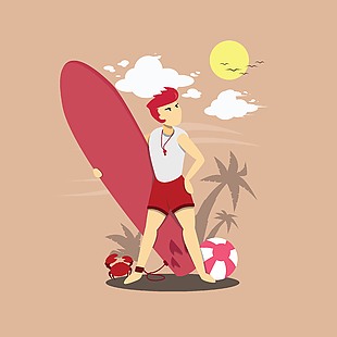 紅發男孩海邊沖浪滑板造型