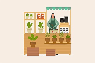 花藝店栽培盆栽場景插畫