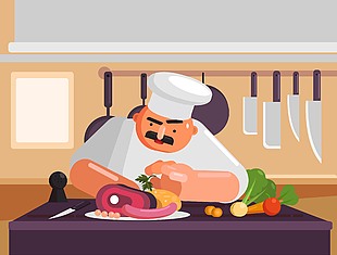 專業廚師廚房烹飪場景插畫
