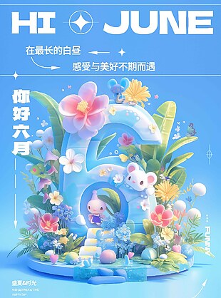 盛夏時光六月盛夏小清新藍色主題海報