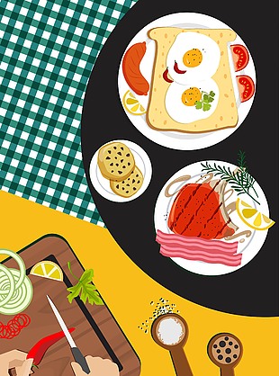 卡通风烹饪美食简餐场景插画