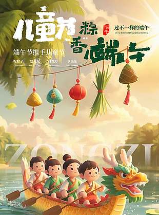 兒童節粽香端午唯美插畫雙節創意海報
