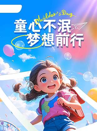 童心不泯夢想前行唯美手繪插畫兒童節海報