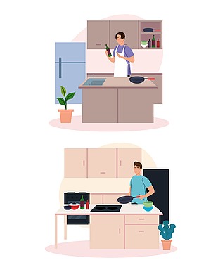 卡通现代风男人居家烹饪插画