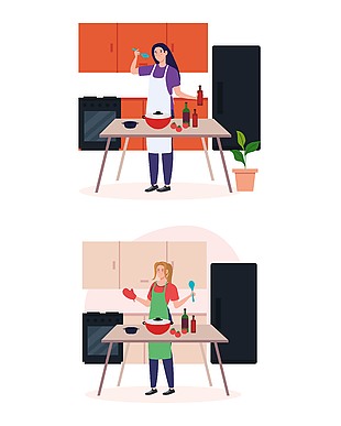 女性居家烹饪美食场景插画