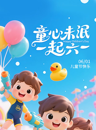 童心未泯一起六一3D卡通漂流兒童節(jié)海報