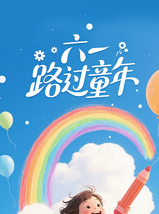 六一路過童年創(chuàng)意插畫藍色背景海報