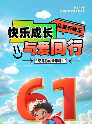 快樂成長與愛同行可愛卡通3D人物海報