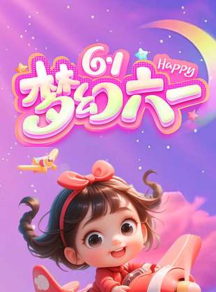 夢幻六一3D卡通人物紫色唯美背景海報