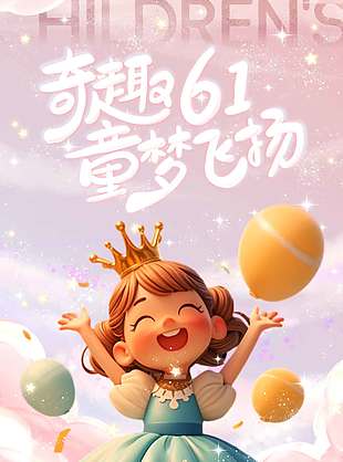 奇趣六一童夢飛揚3D卡通人物粉色背景海報