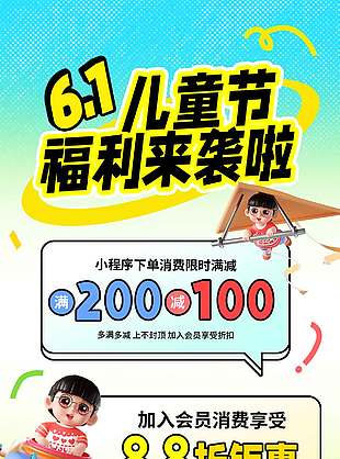 兒童節(jié)福利來襲3D卡通人物促銷海報