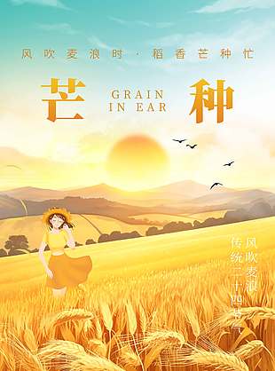風吹麥浪時稻香芒種忙唯美稻田海報