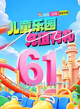 兒童樂園充值有禮3D游樂園兒童節促銷海報