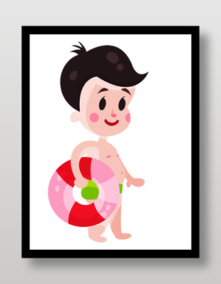 手拿游泳圈的小男孩卡通形象插画