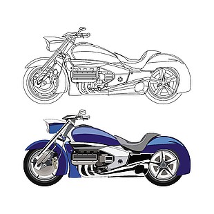 藍色摩托車線稿插畫
