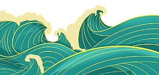 國潮復古鎏金手繪海浪插畫