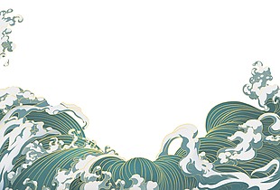 綠色國潮風海浪裝飾插畫