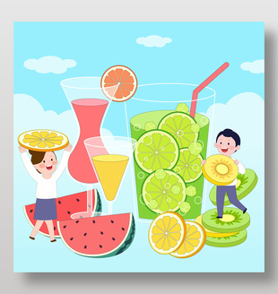 清新风格果汁饮料水果插画