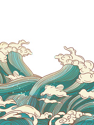 綠色中國國潮風手繪海浪插畫