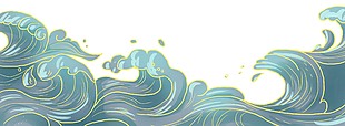 綠色鎏金國潮風海浪裝飾插畫