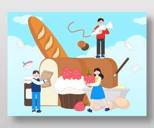 快餐法棍面包蛋挞鸡蛋曲奇饼干食物烘焙插画