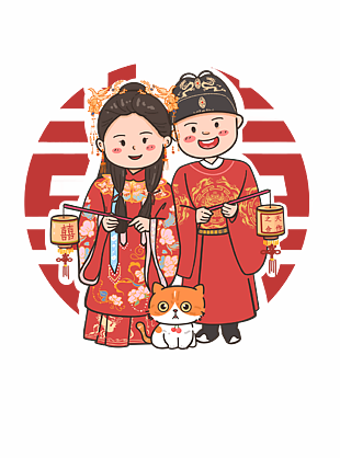 中式婚礼传统服饰卡通人物形象插画