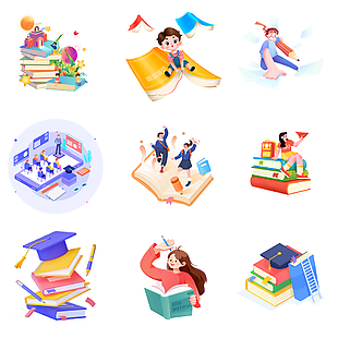 卡通风阅读课本学习场景插画