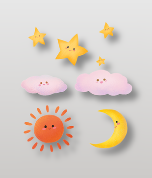 星星月亮太阳云朵卡通彩绘风格插画