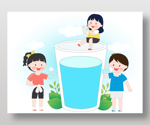 高溫天氣多喝水防中暑場景插畫