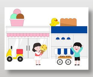 扁平卡通風冰淇淋店面包店街景人物插畫