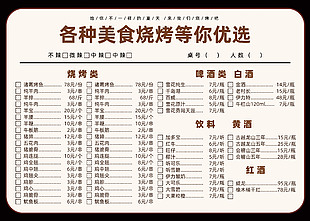 簡單創(chuàng)意美食燒烤菜單價(jià)目表
